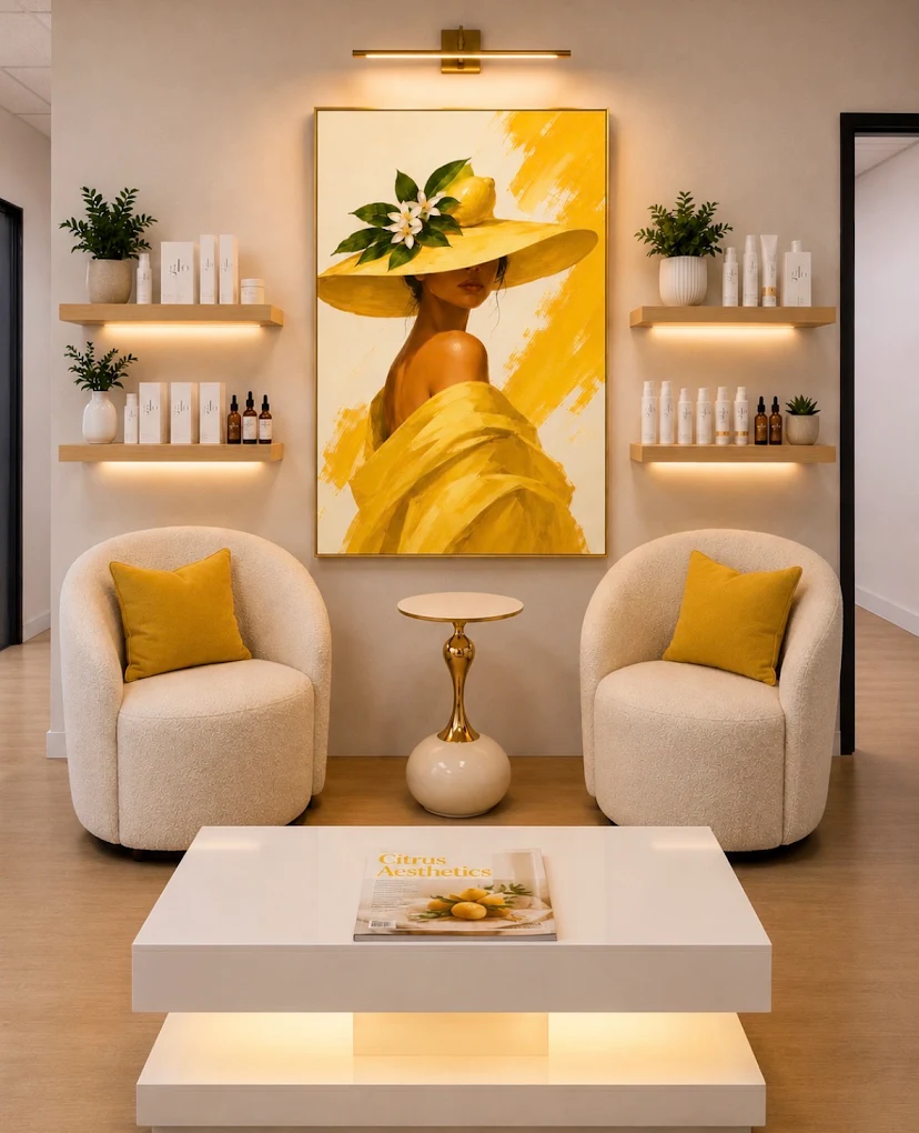 Salon reception with cream armchairs and shelves over a light wood floor